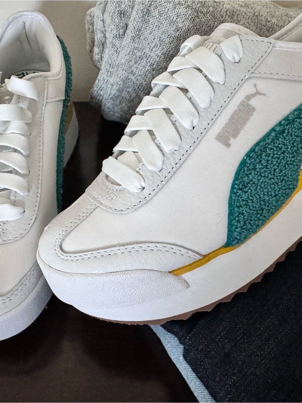 Puma White Leather and suede Sneakers with green Sherpa and Yellow Accent